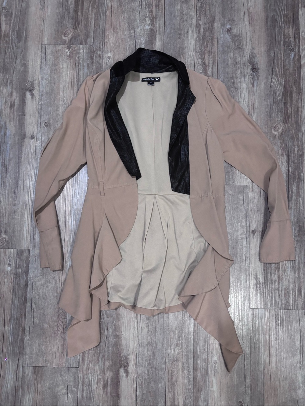 Cardigan-Style Draped Jacket with Contrasting Collar - Beige